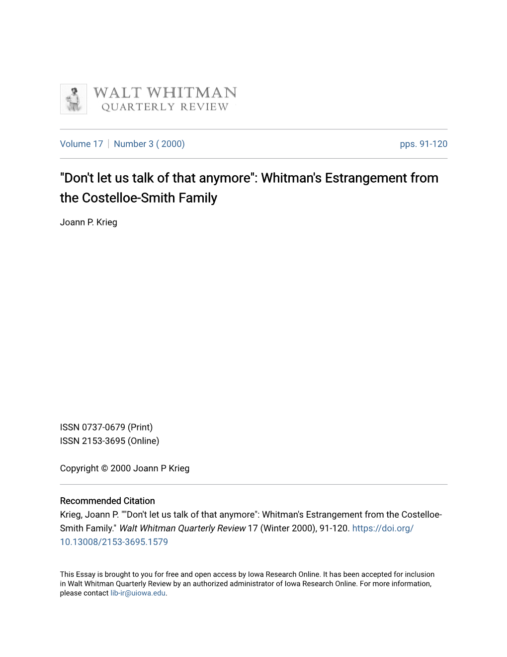 Whitman's Estrangement from the Costelloe-Smith Family