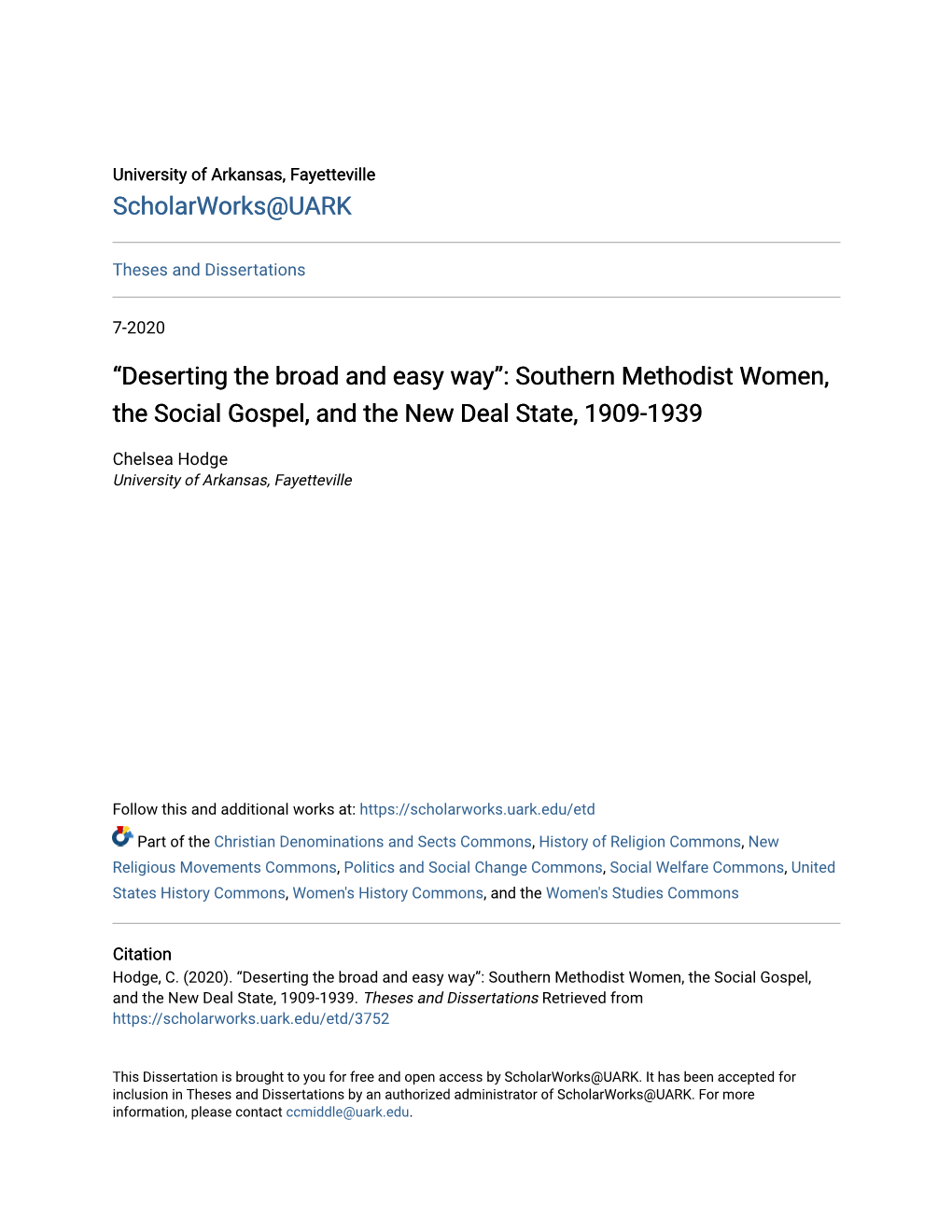 Southern Methodist Women, the Social Gospel, and the New Deal State, 1909-1939