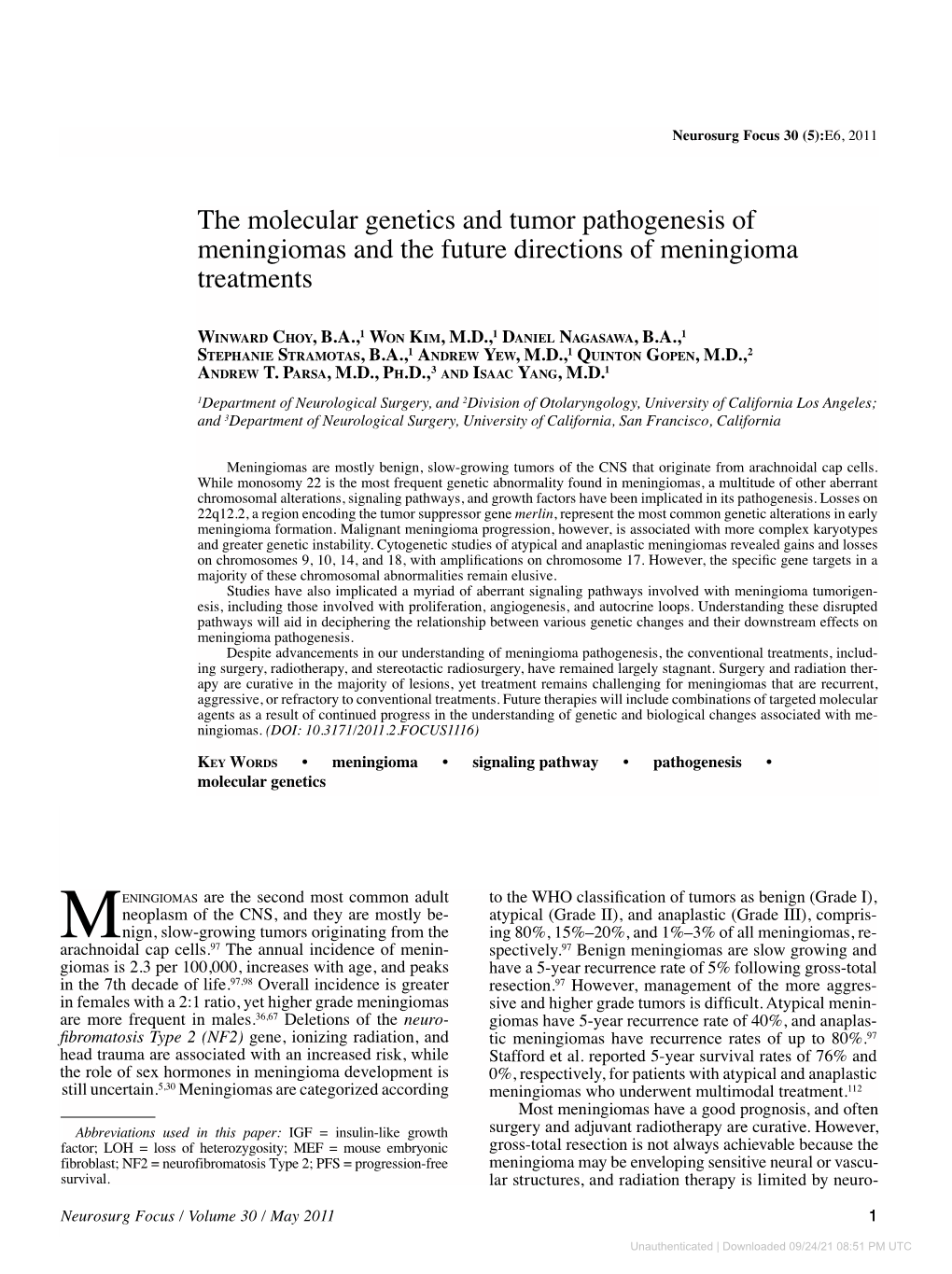 The Molecular Genetics and Tumor Pathogenesis of Meningiomas and the Future Directions of Meningioma Treatments