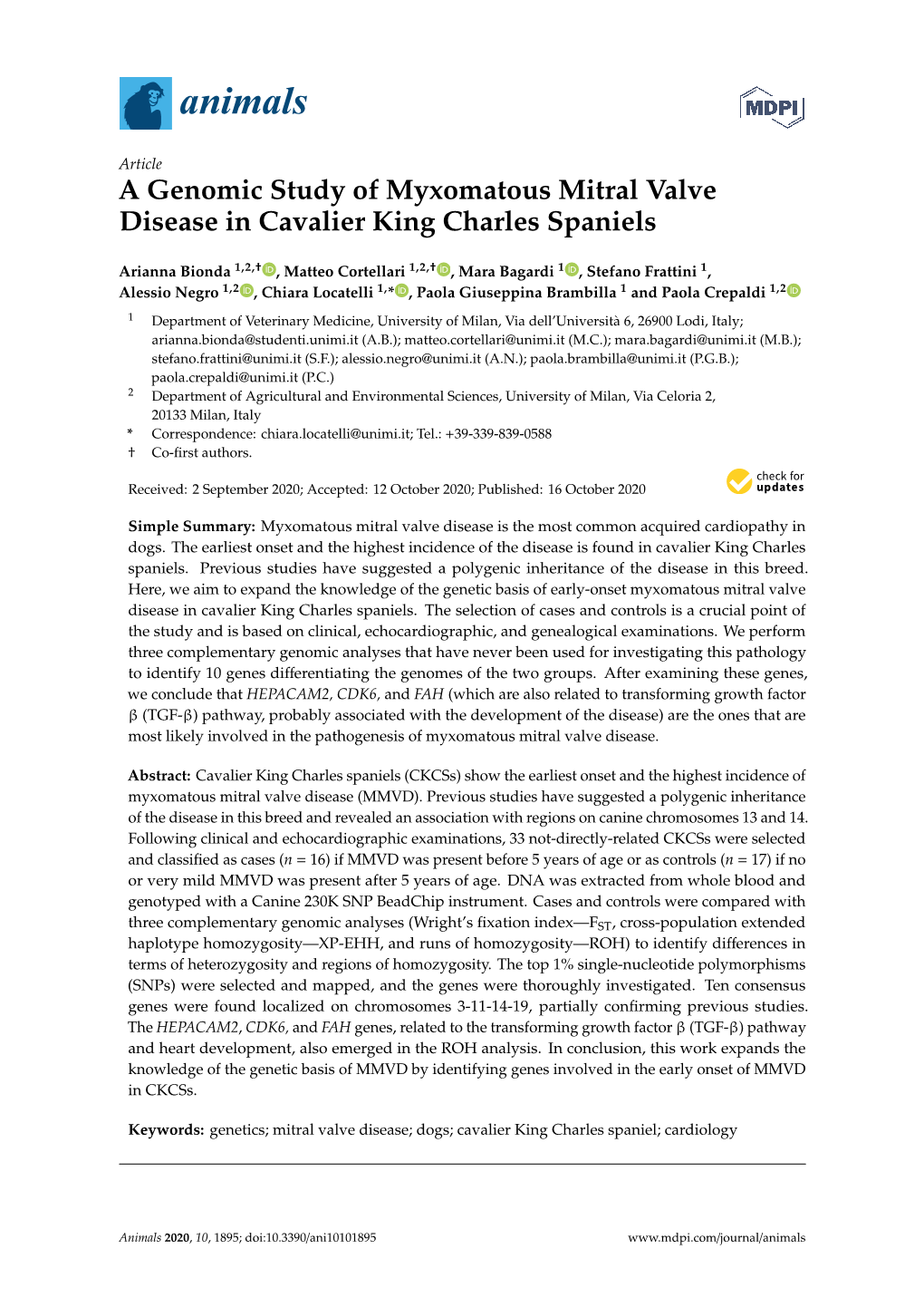 A Genomic Study of Myxomatous Mitral Valve Disease in Cavalier King Charles Spaniels