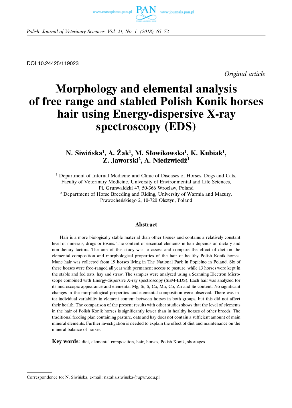 Morphology and Elemental Analysis of Free Range and Stabled Polish Konik Horses Hair Using Energy-Dispersive X-Ray Spectroscopy (EDS)