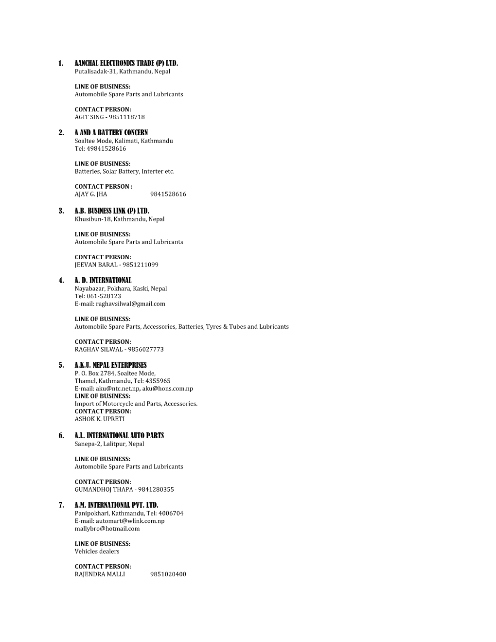 (P) Ltd. 2. a and a Battery Concern 3. Ab Business Link