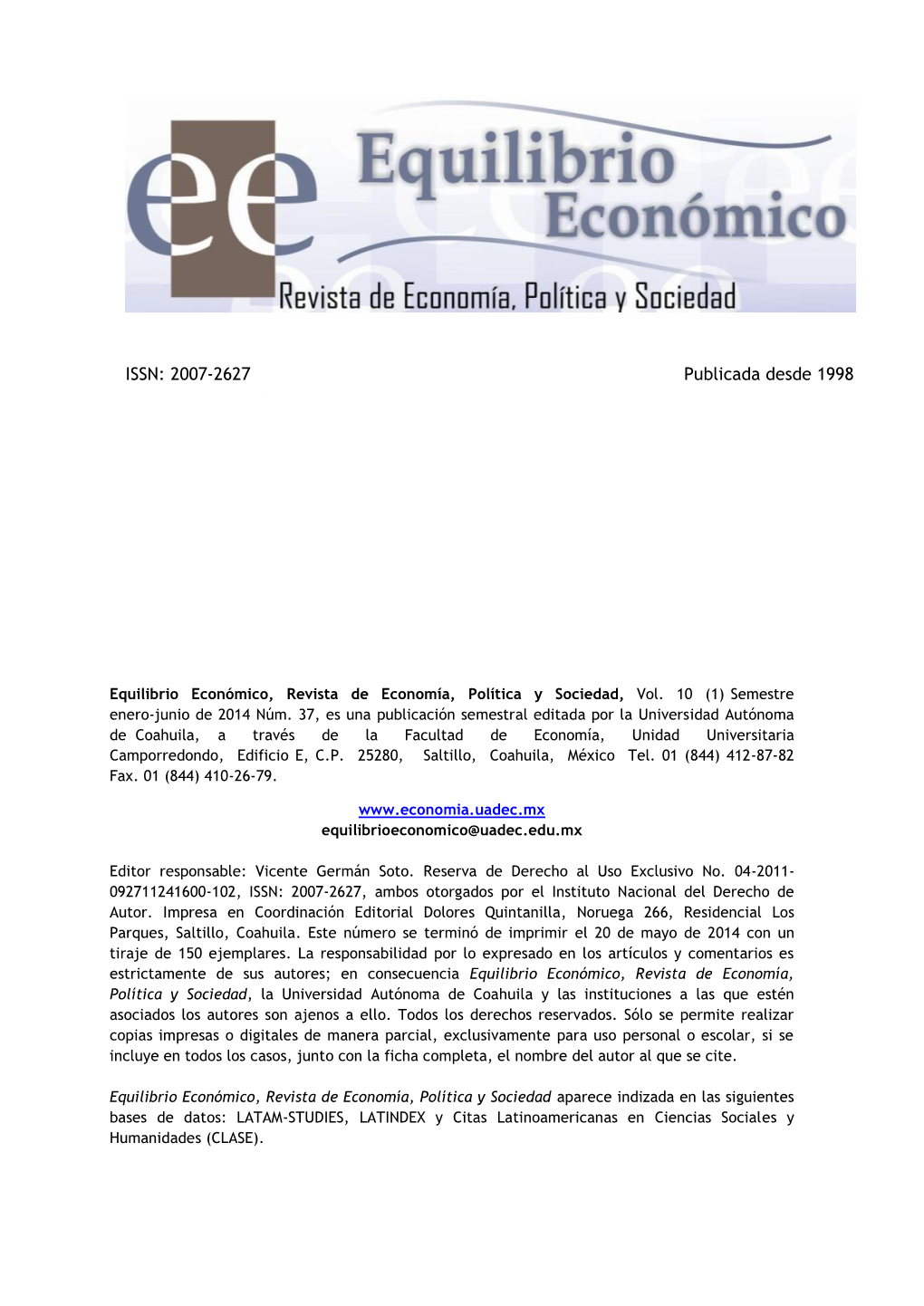 ISSN: 2007-2627 Publicada Desde 1998 ISSN (Versión Electrónica): 2007-3666