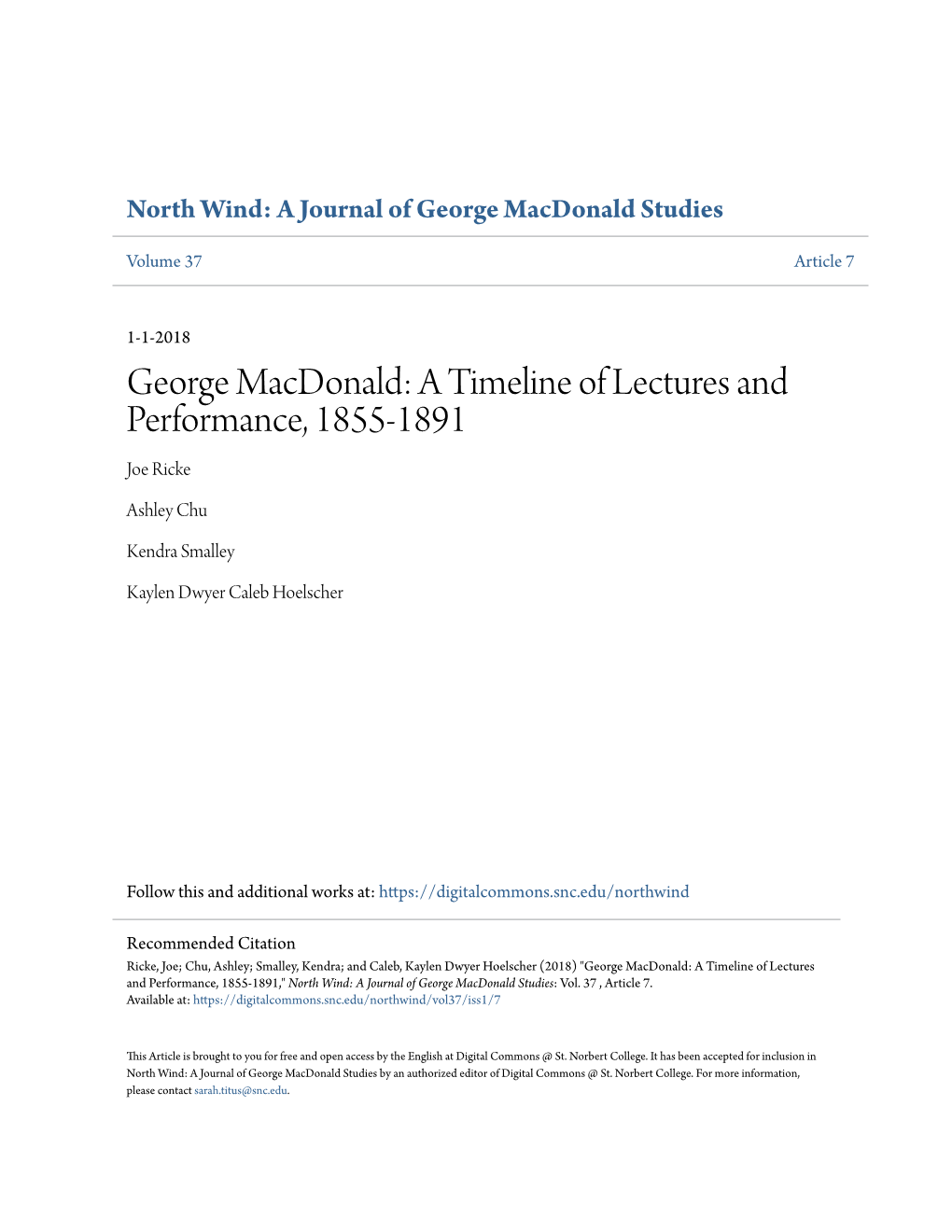 George Macdonald: a Timeline of Lectures and Performance, 1855-1891 Joe Ricke