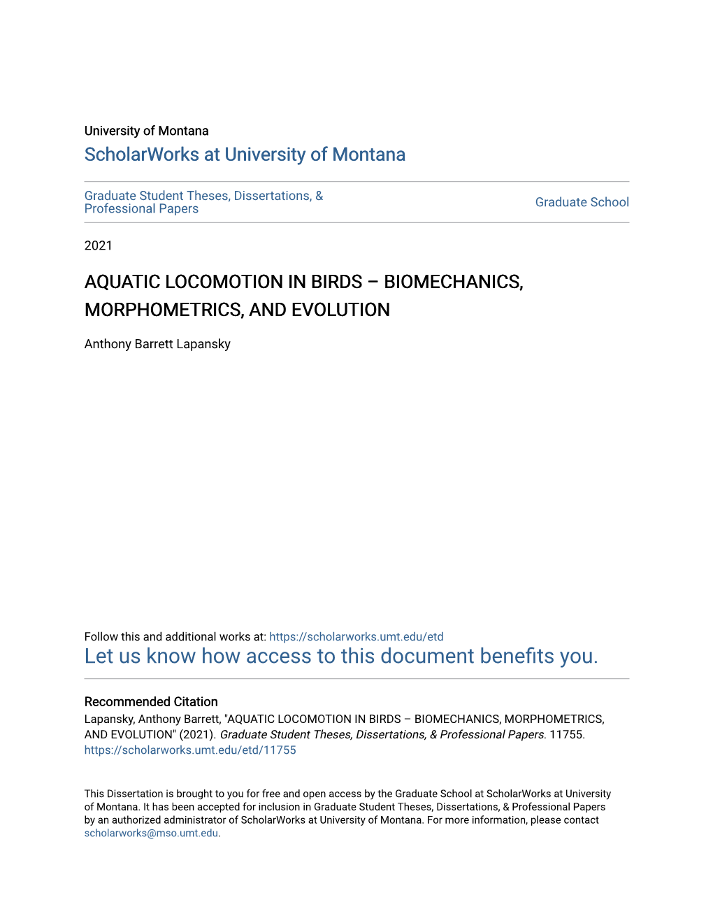 Aquatic Locomotion in Birds – Biomechanics, Morphometrics, and Evolution