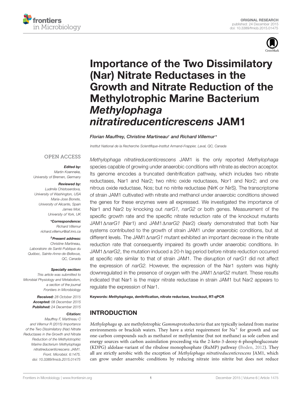 Nitrate Reductases in the Growth and Nitrate Reduction of the Methylotrophic Marine Bacterium Methylophaga Nitratireducenticrescens JAM1