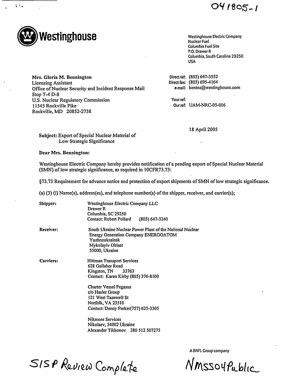 Notification of Pending Export of Six Unirradiated Lead Test Assemblies