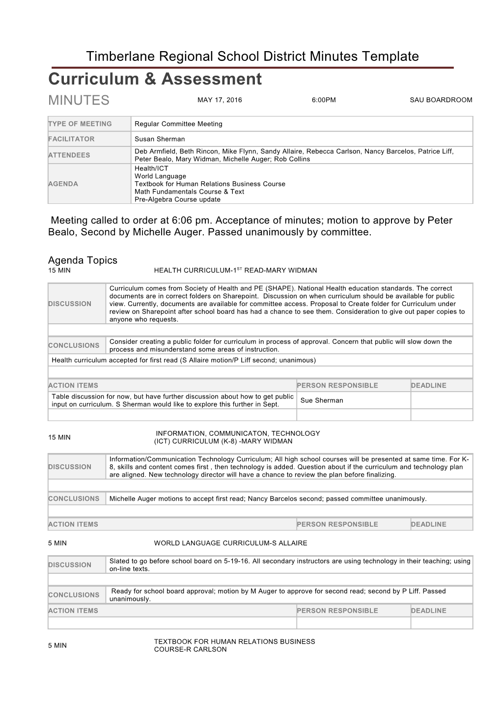 Timberlane Regional School District Minutes Template