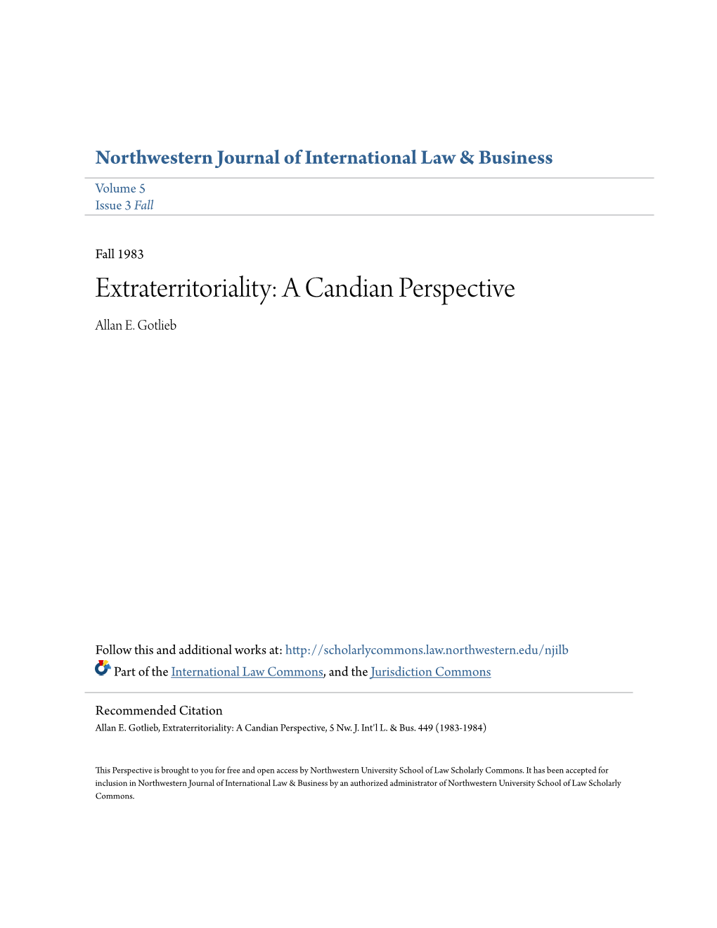 Extraterritoriality: a Candian Perspective Allan E