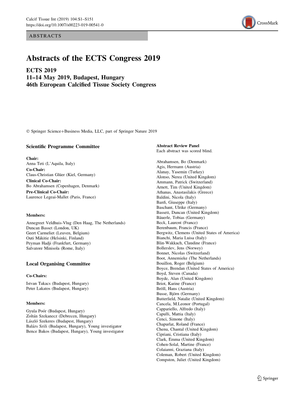 Abstracts of the ECTS Congress 2019 ECTS 2019 11–14 May 2019, Budapest, Hungary 46Th European Calciﬁed Tissue Society Congress