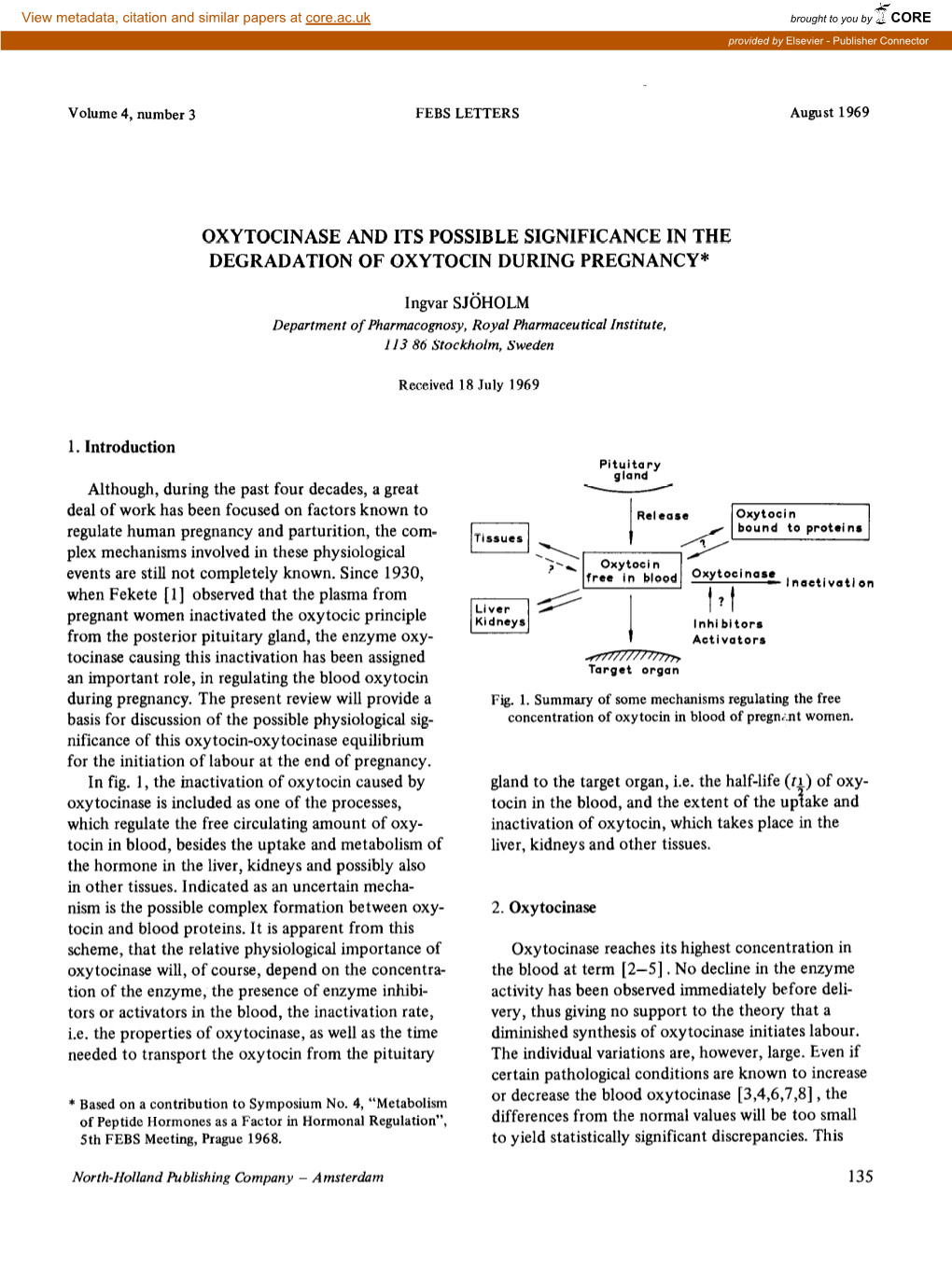 OXYTOCINASE and ITS POSSIBLE SIGNIFICANCE in the DEGRADATION of OXYTOCIN DURING PREGNANCY* Ingvar SJGHOLM 1. Introduction Althou