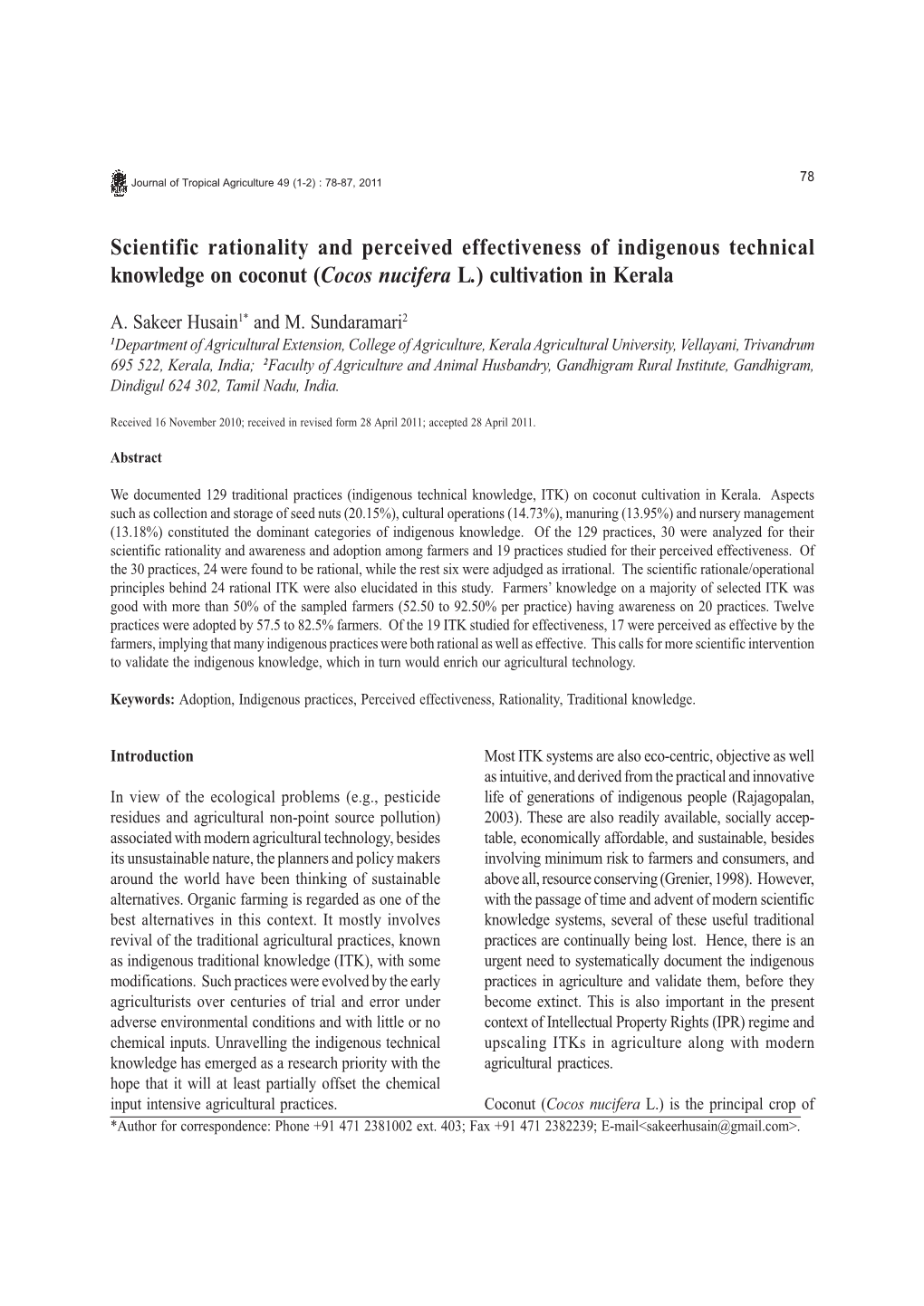 Scientific Rationality and Perceived Effectiveness of Indigenous Technical Knowledge on Coconut (Cocos Nucifera L.) Cultivation in Kerala