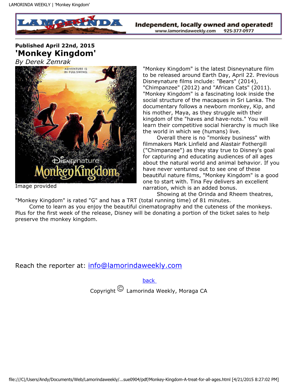 LAMORINDA WEEKLY | 'Monkey Kingdom'