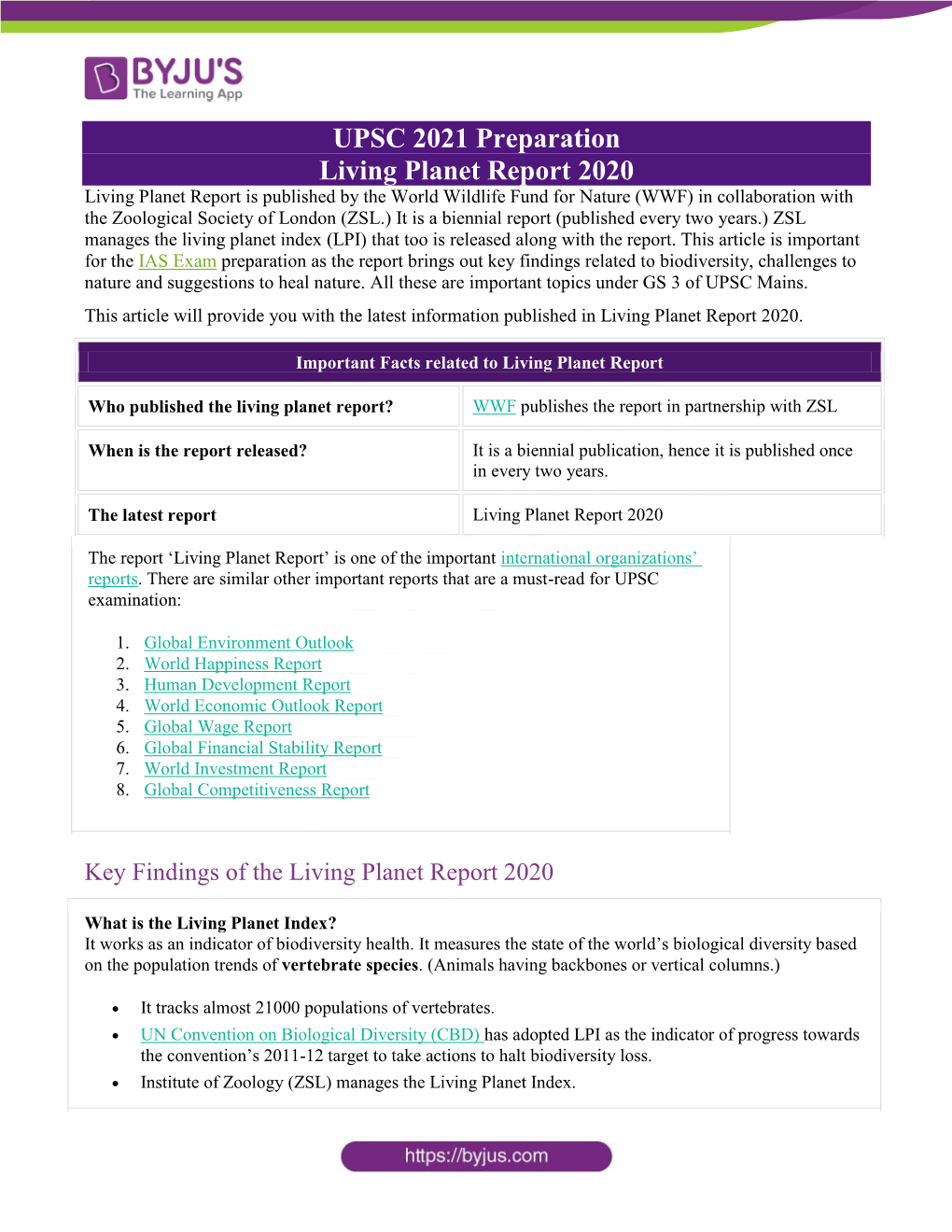 UPSC 2021 Preparation Living Planet Report 2020