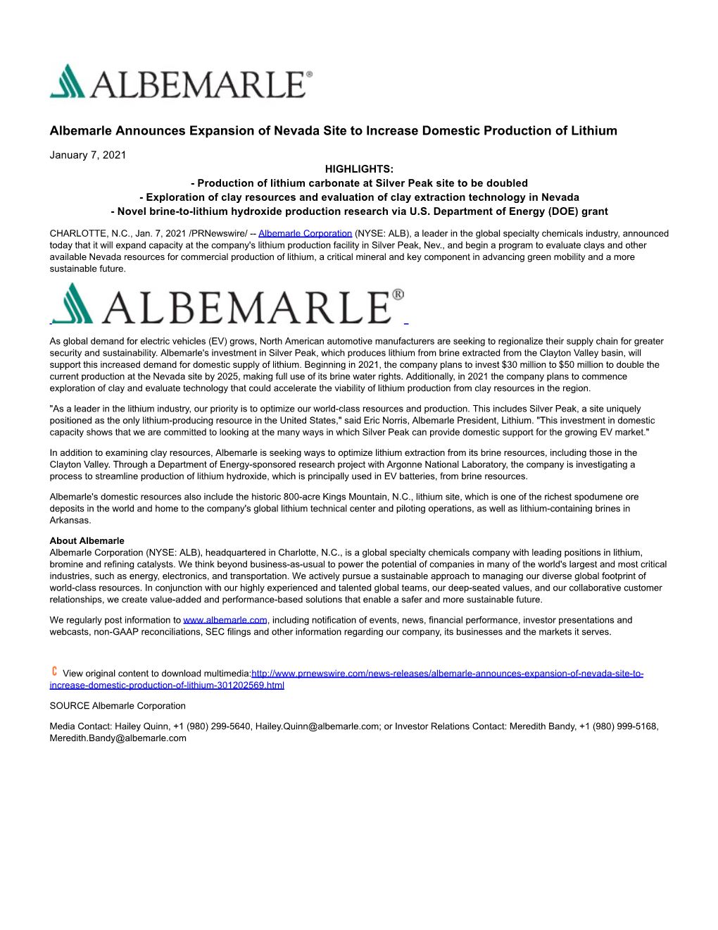 Albemarle Announces Expansion of Nevada Site to Increase Domestic Production of Lithium