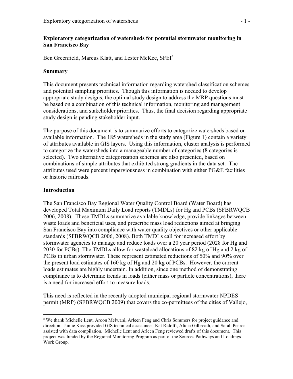 Categorization of Watersheds for Potential Stormwater Monitoring in San Francisco Bay