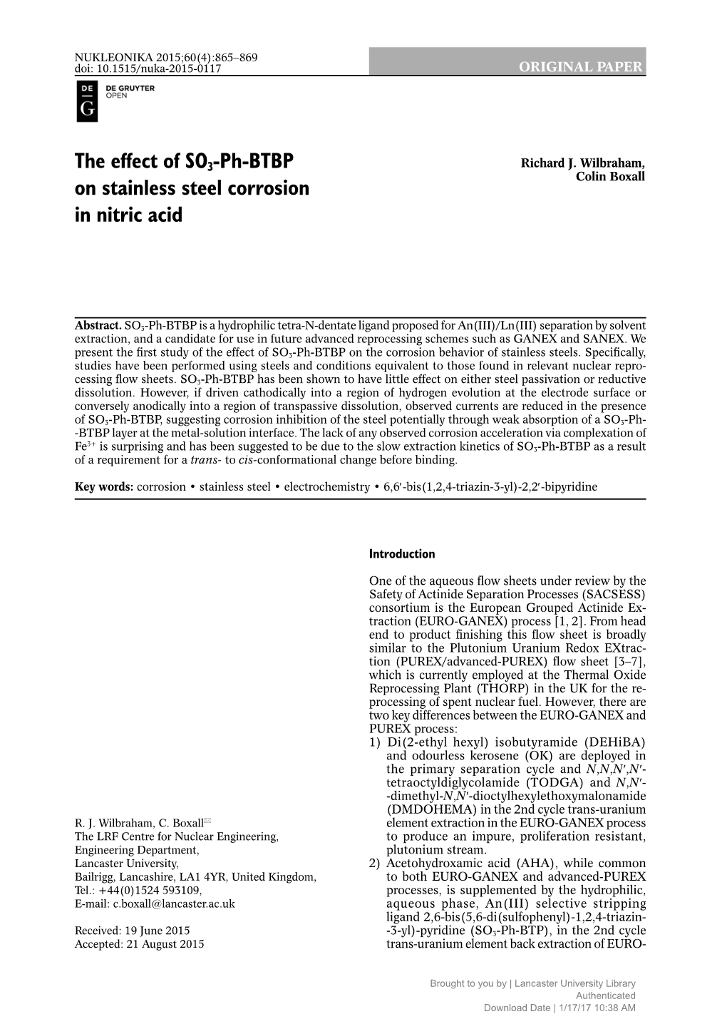 The Effect of SO3-Ph-BTBP on Stainless Steel Corrosion in Nitric Acid 867