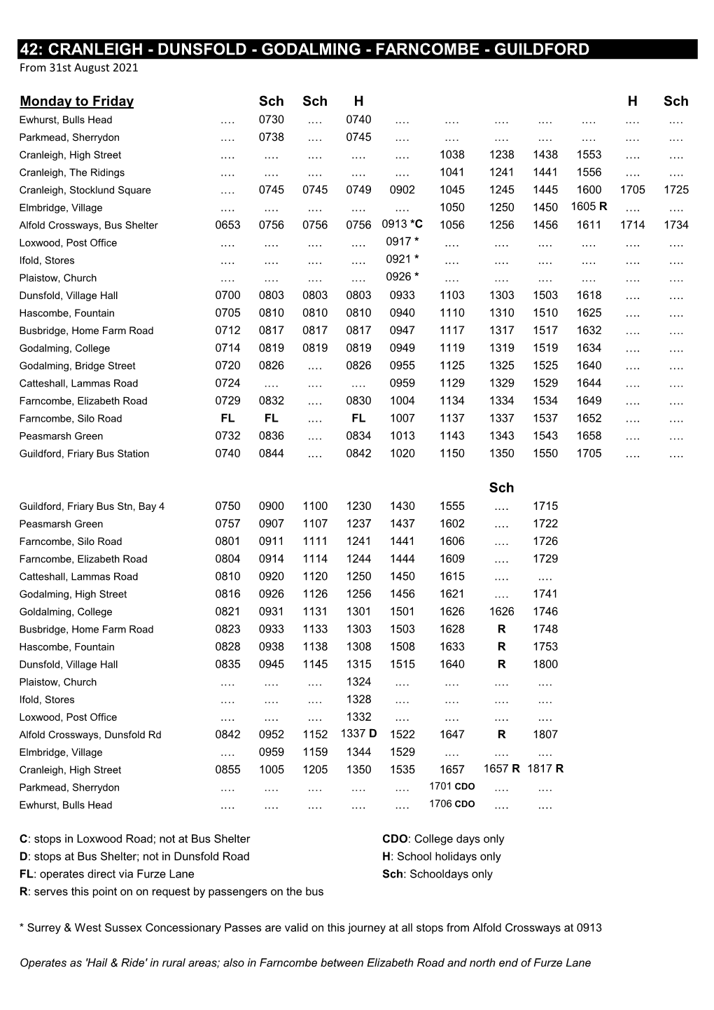 42: CRANLEIGH - DUNSFOLD - GODALMING - FARNCOMBE - GUILDFORD from 31St August 2021