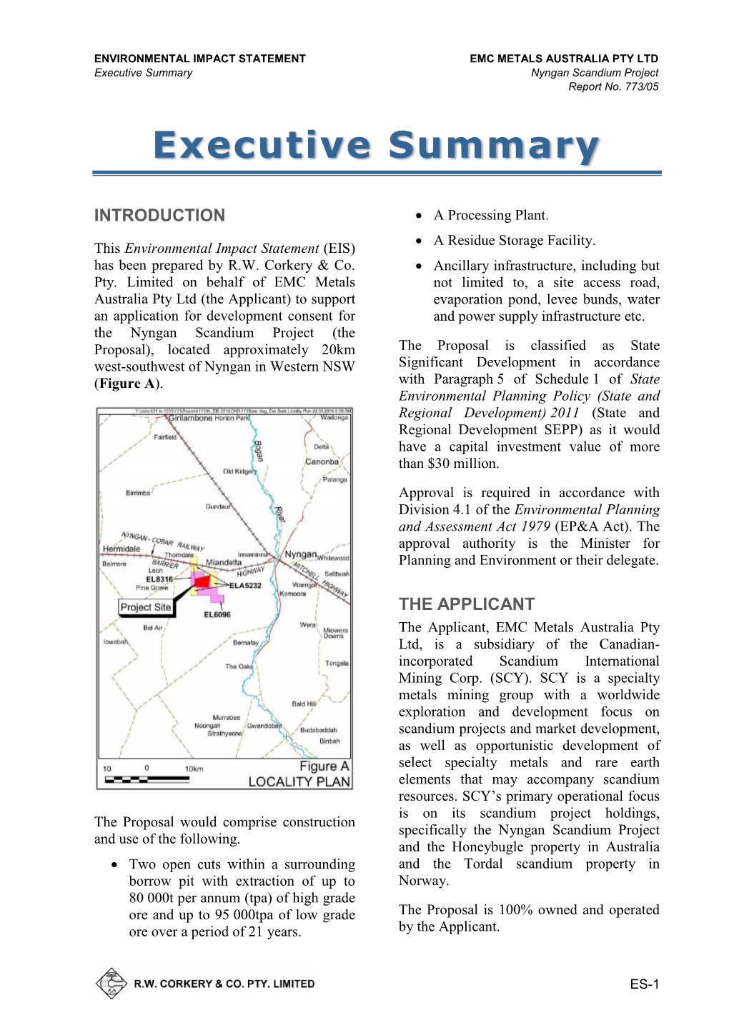 ENVIRONMENTAL IMPACT STATEMENT EMC METALS AUSTRALIA PTY LTD Executive Summary Nyngan Scandium Project Report No