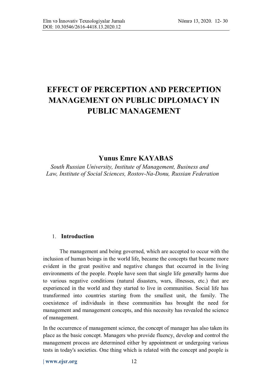 Effect of Perception and Perception Management on Public Diplomacy in Public Management