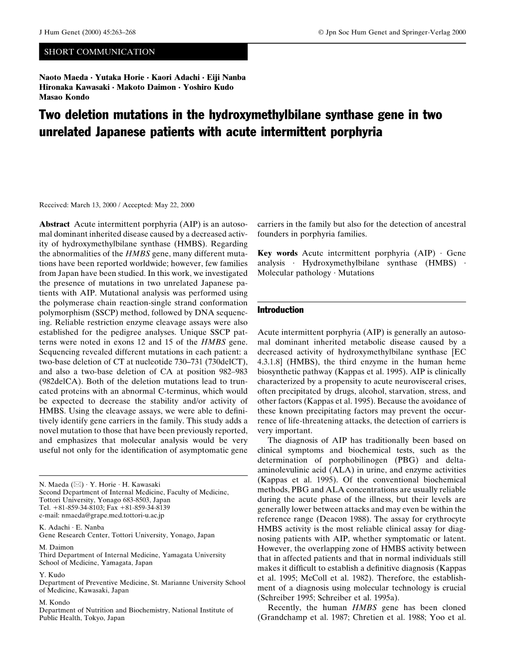 Two Deletion Mutations in the Hydroxymethylbilane Synthase Gene in Two Unrelated Japanese Patients with Acute Intermittent Porphyria