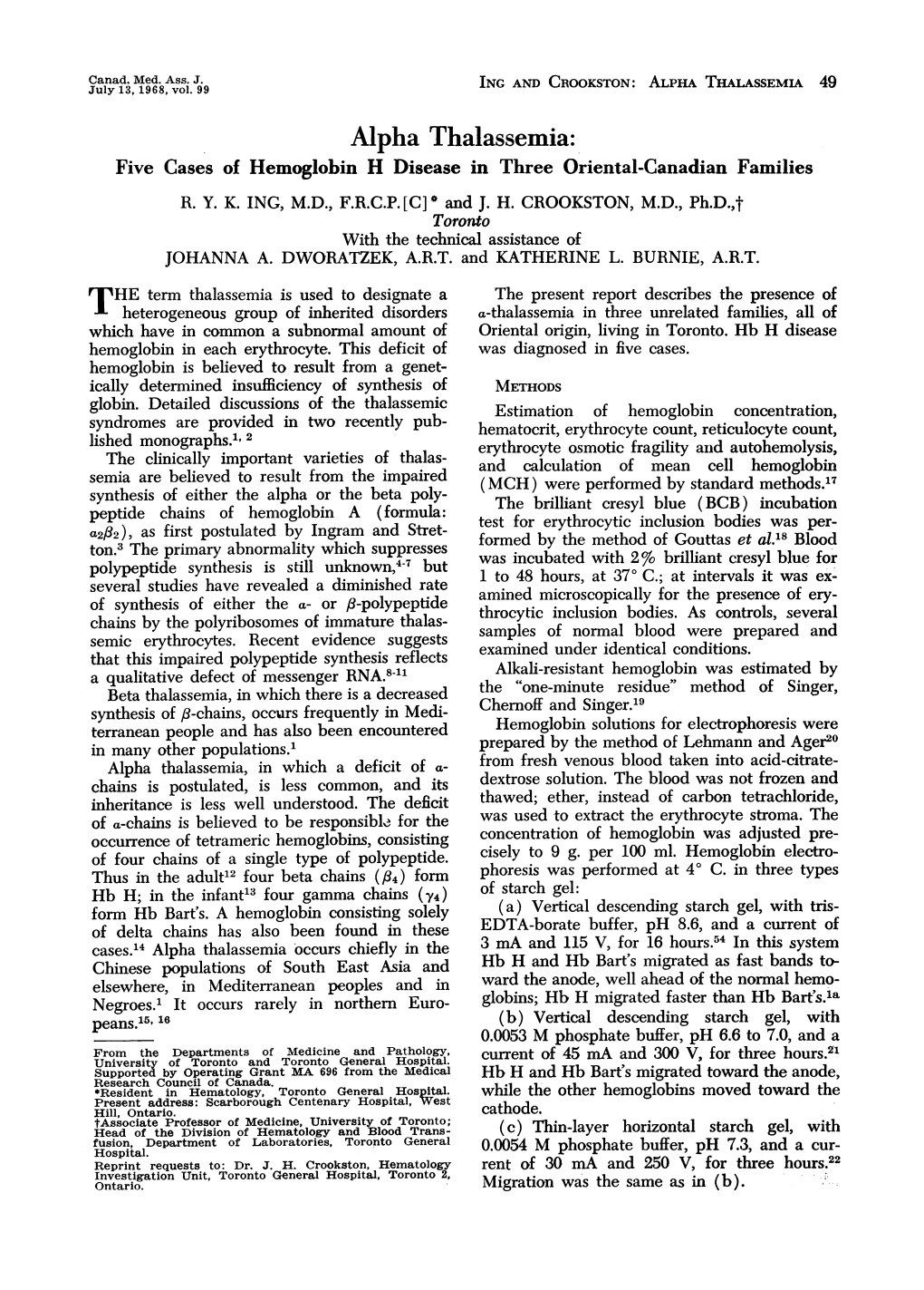 Alpha Thalassemia: Five Cases of Hemoglobin H Disease in Three Oriental-Canadian Families R