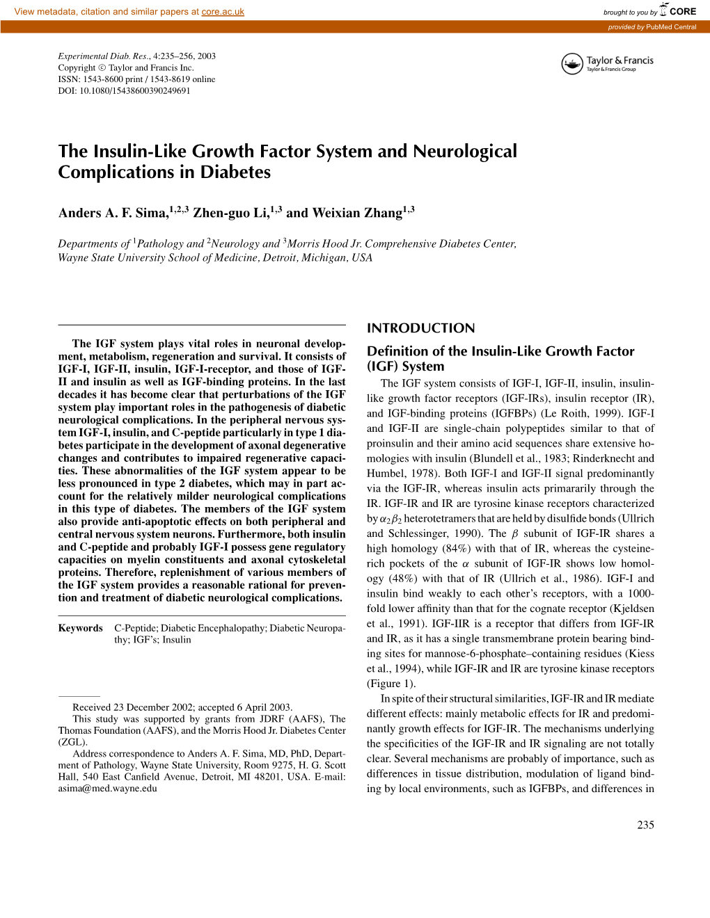 The Insulin-Like Growth Factor System and Neurological Complications in Diabetes