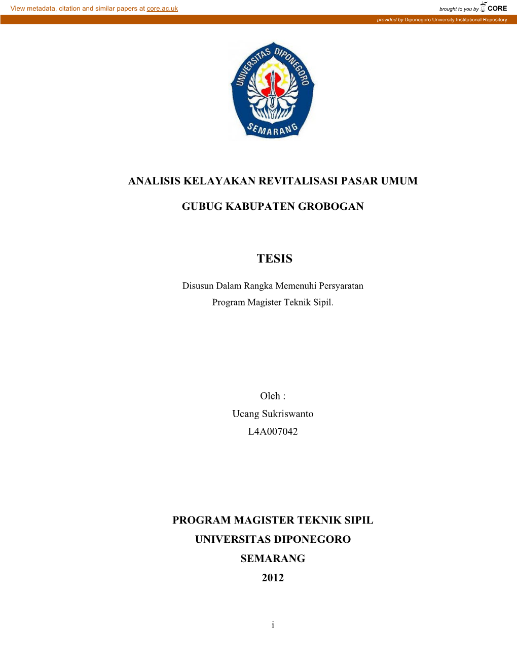 Analisis Kelayakan Revitalisasi Pasar Umum Gubug Kabupaten Grobogan Program Magister Teknik Sipil Universitas Diponegoro Semar