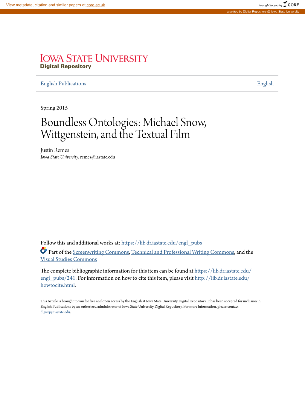 Michael Snow, Wittgenstein, and the Textual Film Justin Remes Iowa State University, Remes@Iastate.Edu