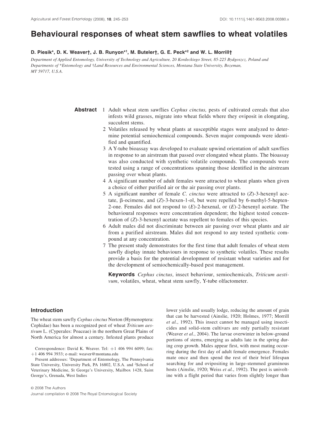 Behavioural Responses of Wheat Stem Sawflies to Wheat Volatiles