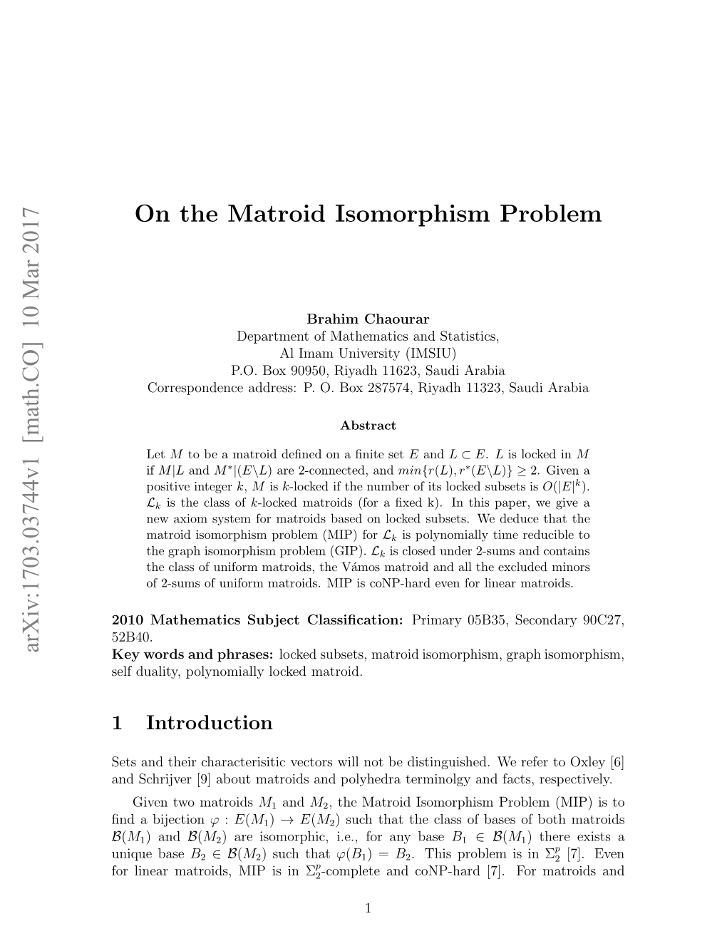 On the Matroid Isomorphism Problem