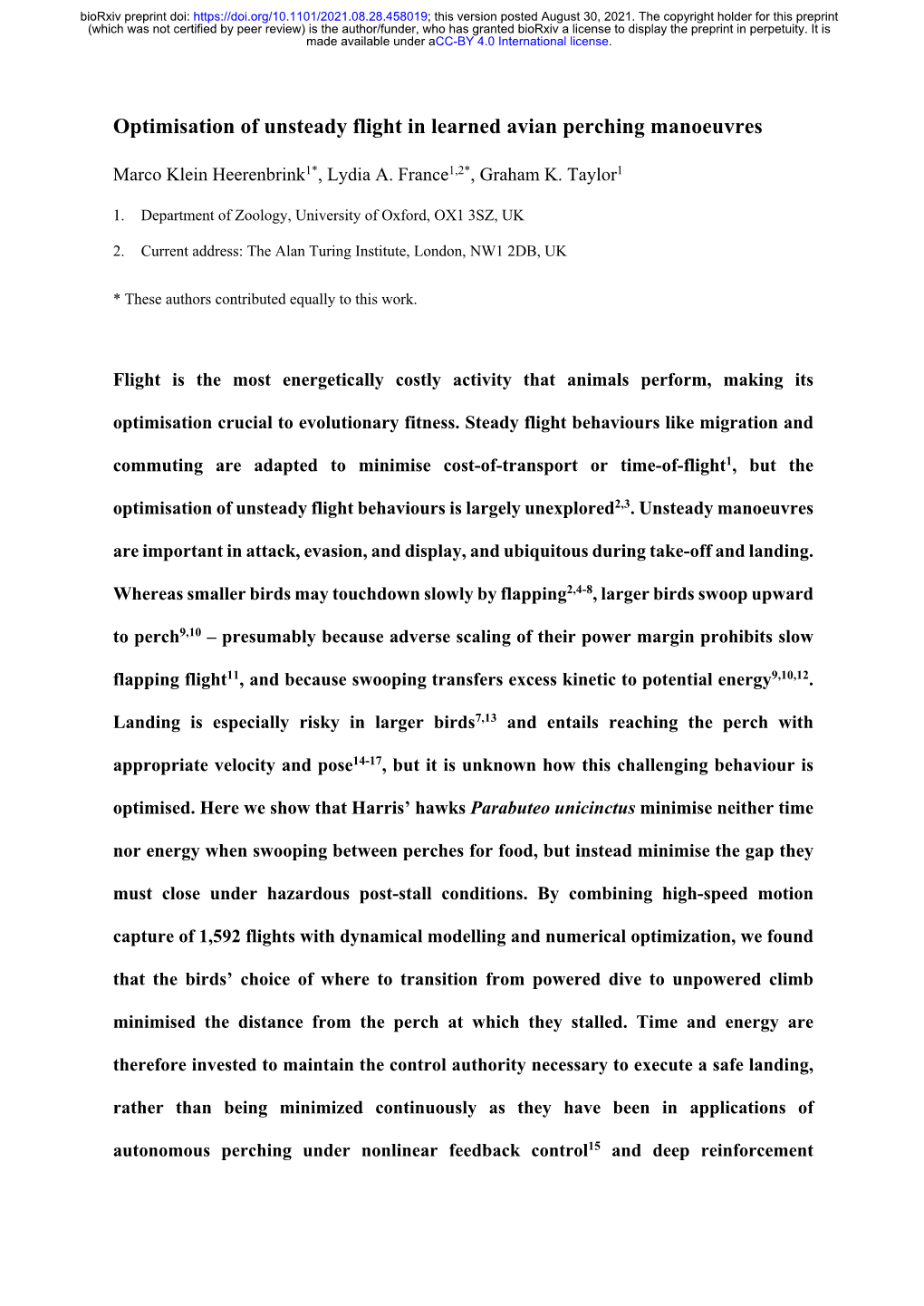 Optimisation of Unsteady Flight in Learned Avian Perching Manoeuvres