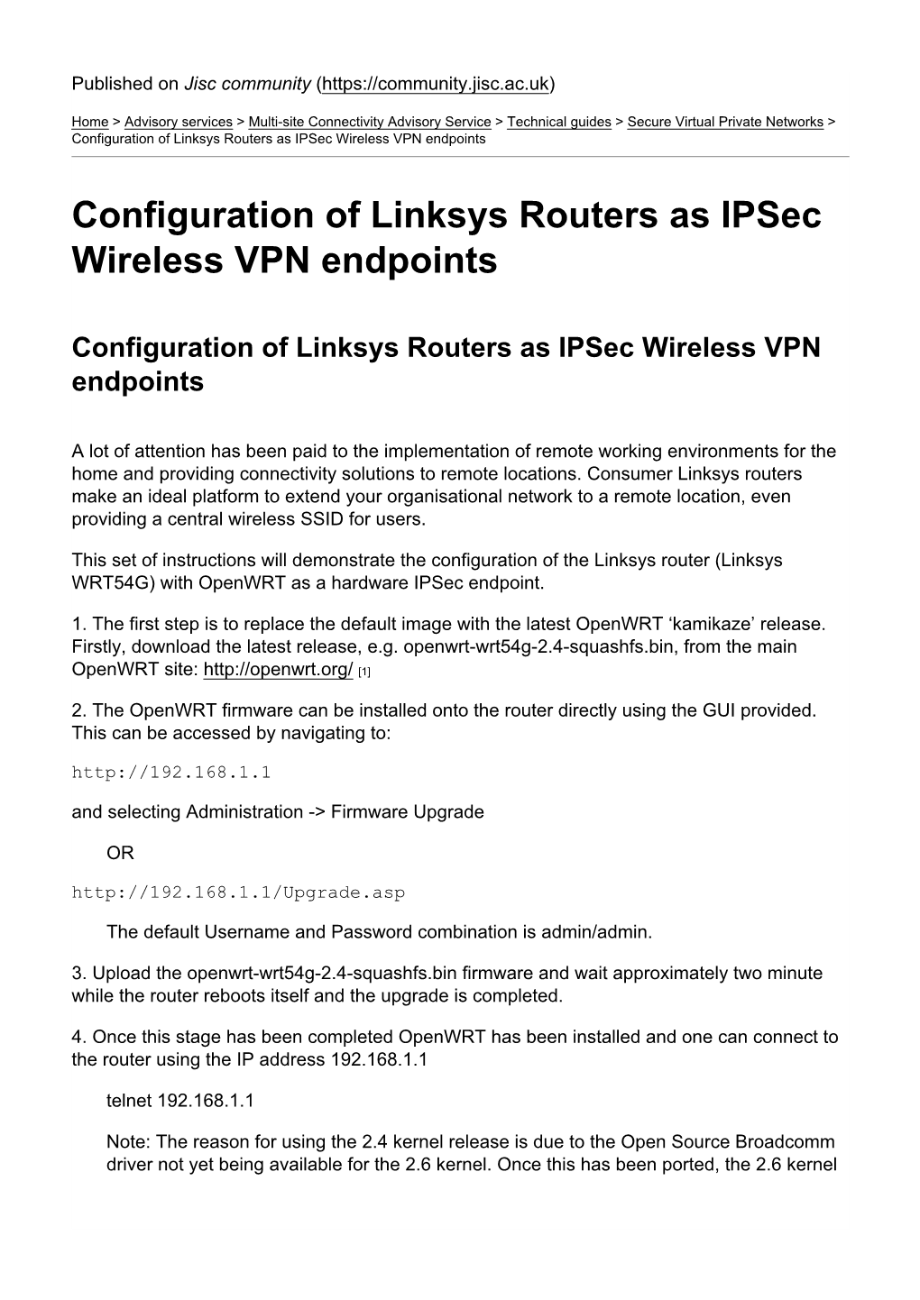 Configuration of Linksys Routers As Ipsec Wireless VPN Endpoints