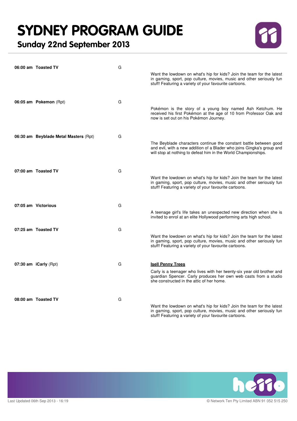 SYDNEY PROGRAM GUIDE Sunday 22Nd September 2013