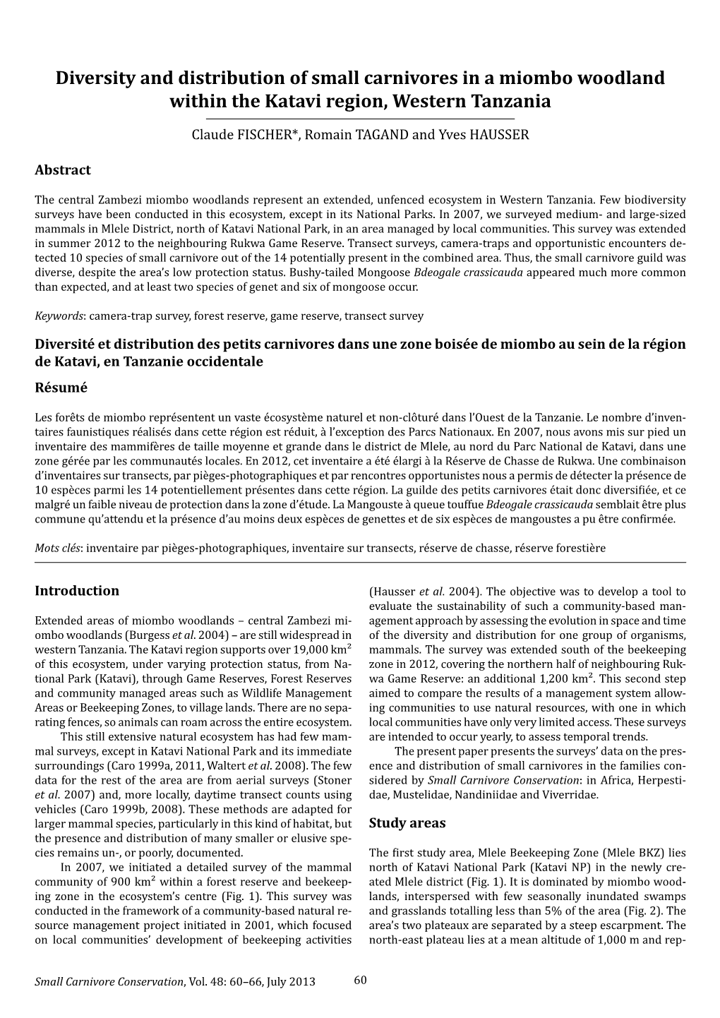 Diversity and Distribution of Small Carnivores in a Miombo Woodland Within the Katavi Region, Western Tanzania