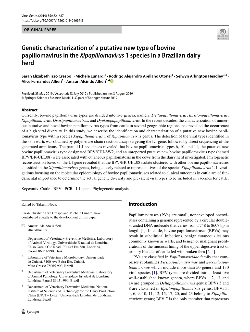 Genetic Characterization of a Putative New Type of Bovine Papillomavirus in the Xipapillomavirus 1 Species in a Brazilian Dairy Herd