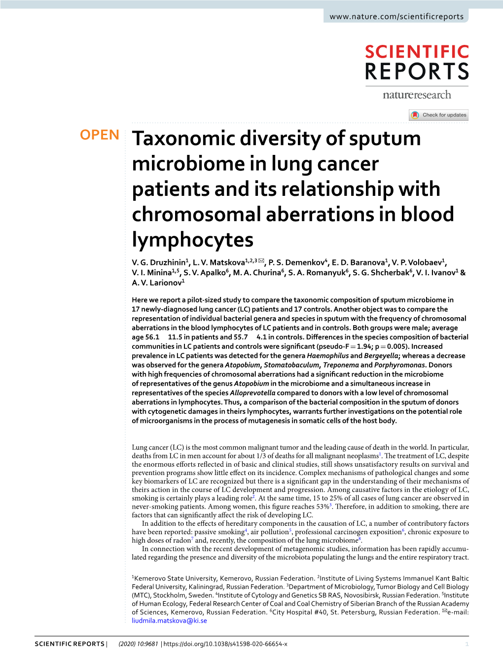 Taxonomic Diversity of Sputum Microbiome in Lung Cancer Patients and Its Relationship with Chromosomal Aberrations in Blood Lymphocytes V