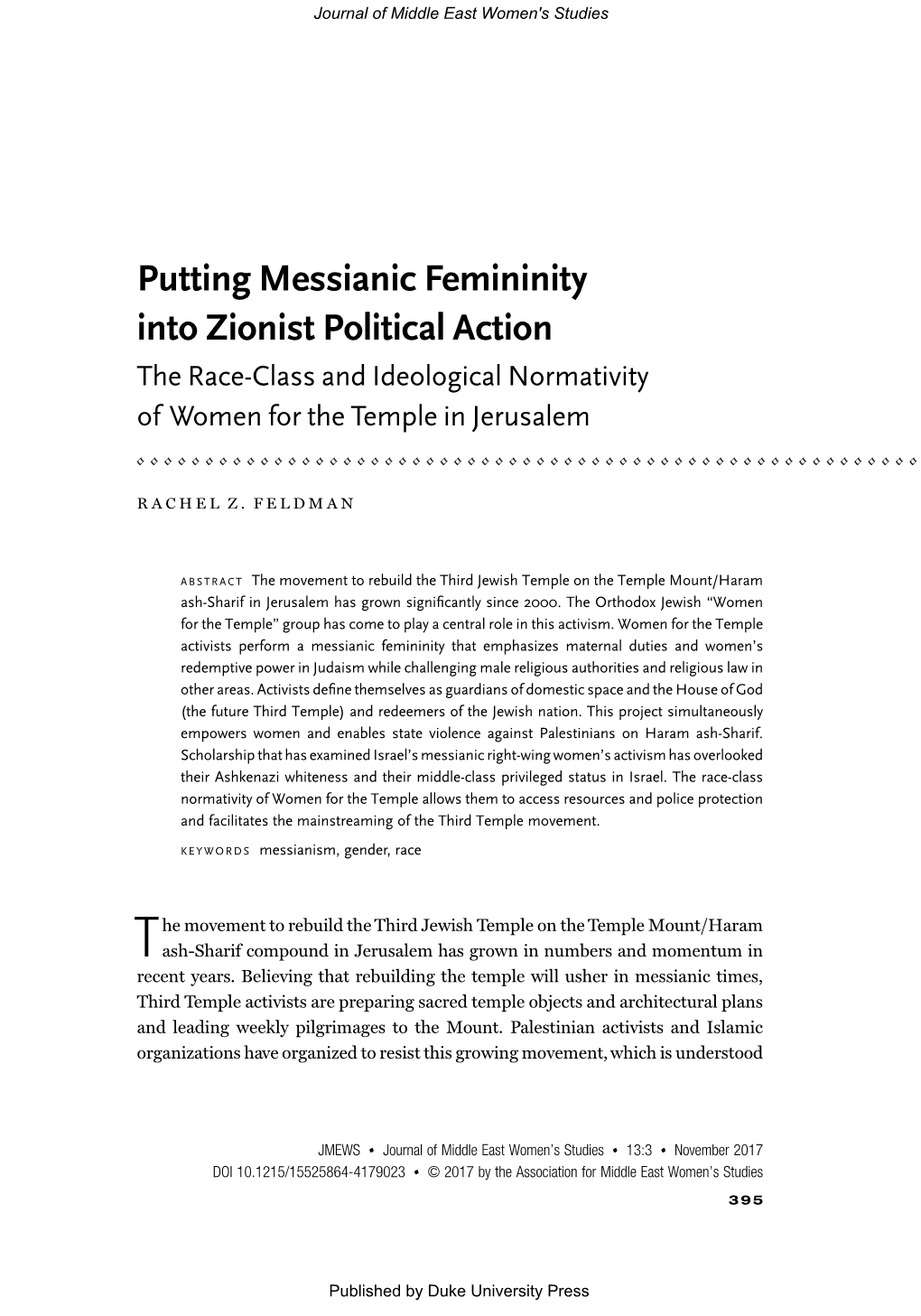 Putting Messianic Femininity Into Zionist Political Action the Race-Class and Ideological Normativity of Women for the Temple in Jerusalem