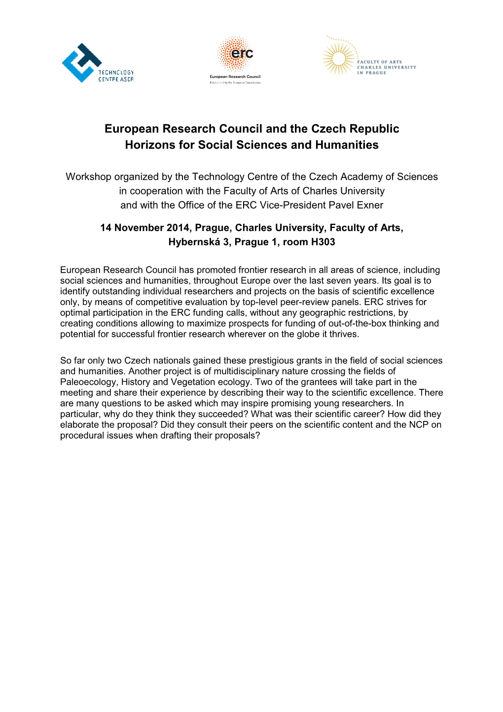 European Research Council and the Czech Republic Horizons for Social Sciences and Humanities