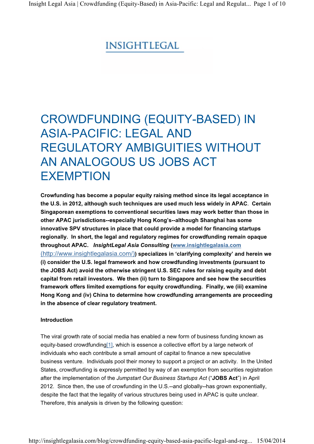 Crowdfunding (Equity-Based) in Asia-Pacific: Legal and Regulat