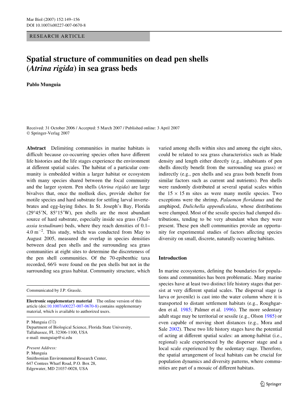 Spatial Structure of Communities on Dead Pen Shells (Atrina Rigida) in Sea Grass Beds