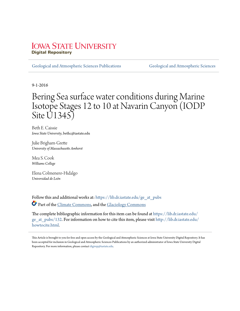 Bering Sea Surface Water Conditions During Marine Isotope Stages 12 to 10 at Navarin Canyon (IODP Site U1345) Beth E