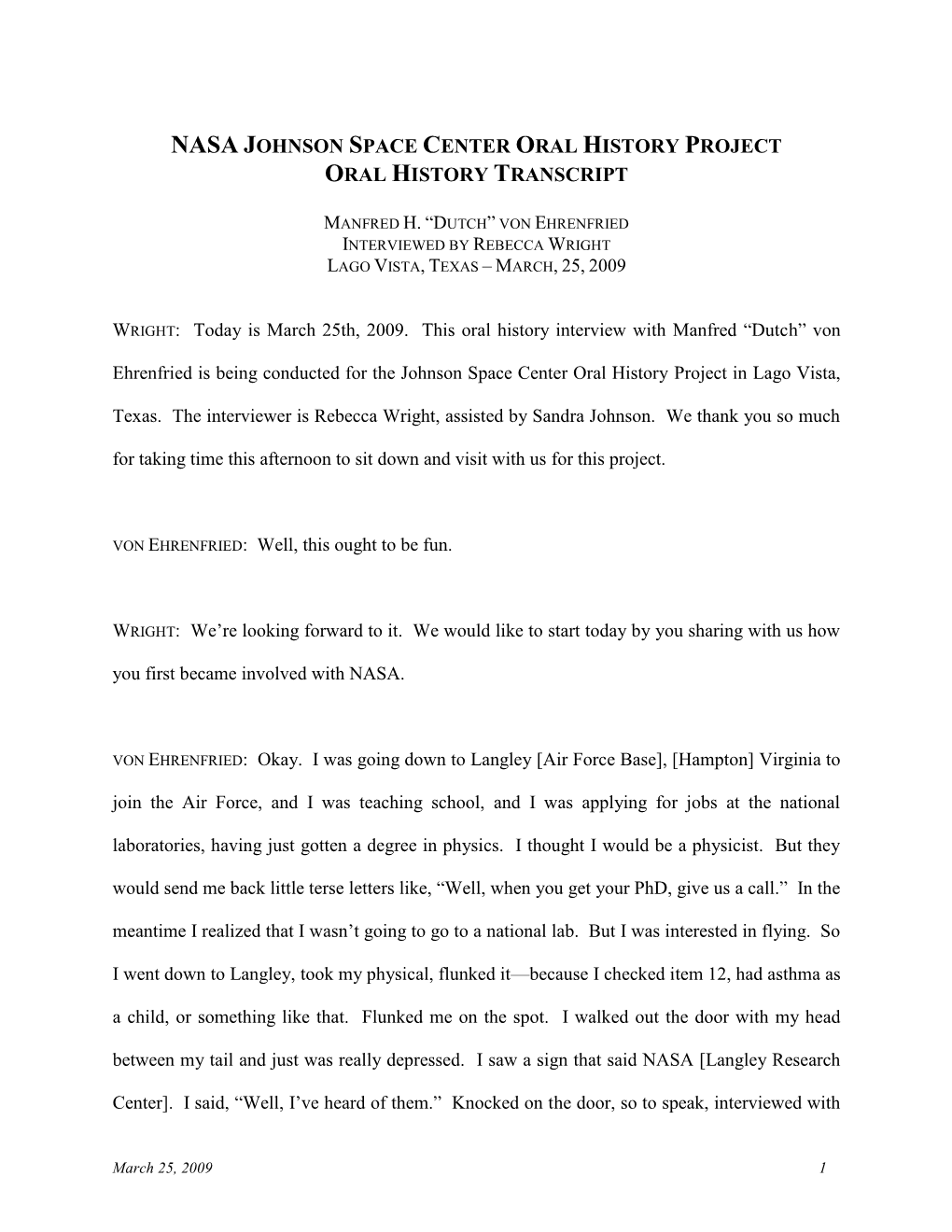 Nasa Johnson Space Center Oral History Project Oral History Transcript