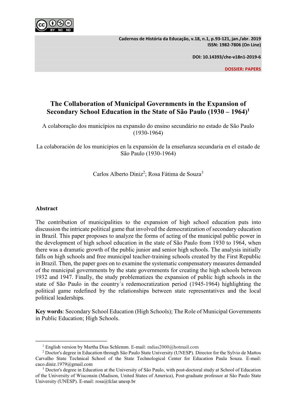 The Collaboration of Municipal Governments in the Expansion of Secondary School Education in the State of São Paulo (1930 – 1964)1