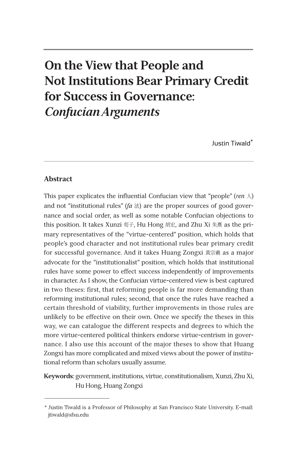 On the View That People and Not Institutions Bear Primary Credit for Success in Governance: Confucian Arguments
