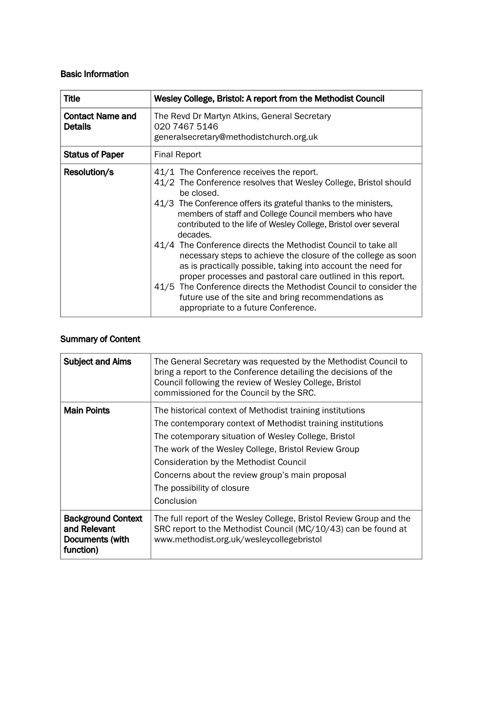 Wesley College, Bristol: a Report from the Methodist Council