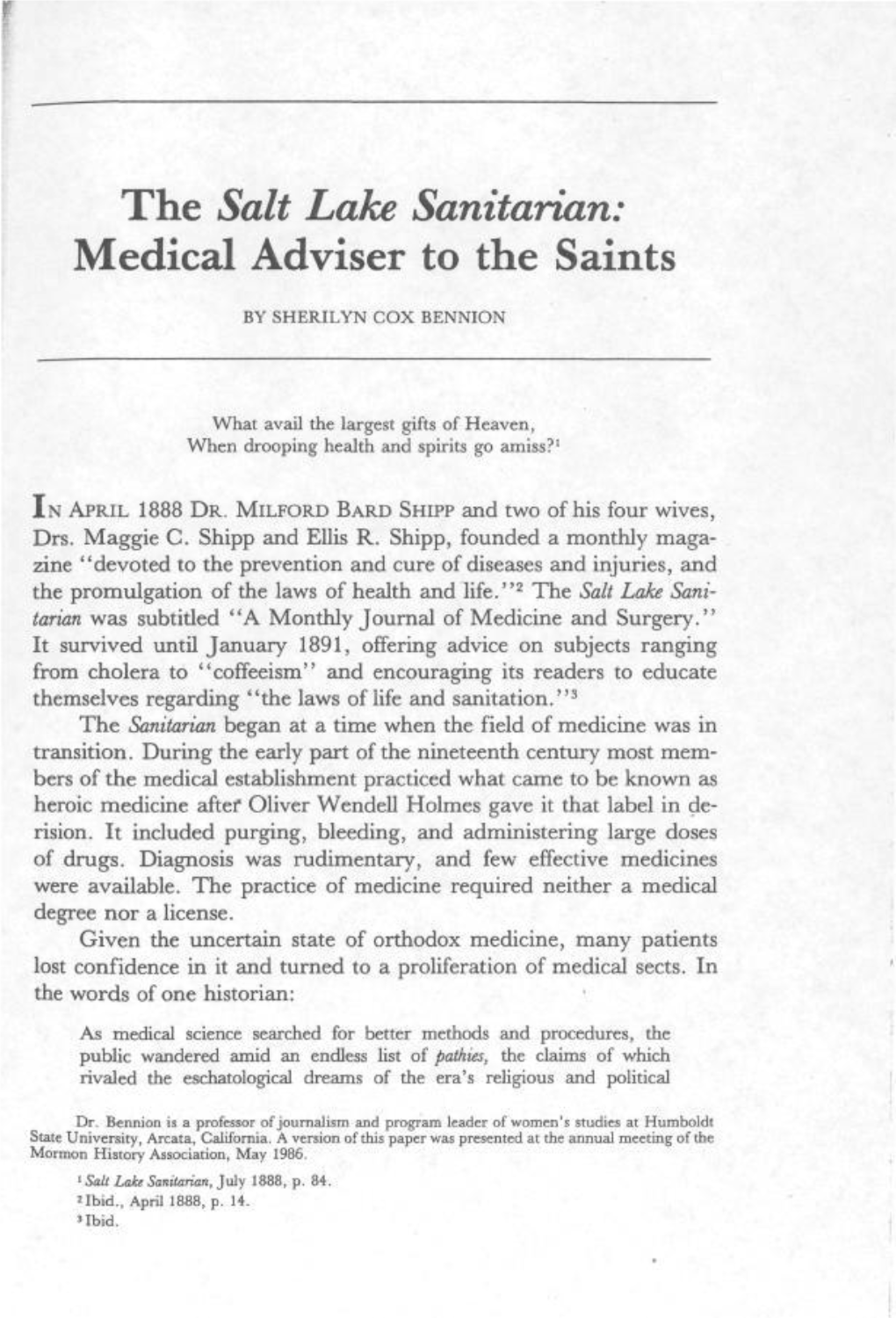 The Salt Lake Sanitarian: Medical Adviser to the Saints