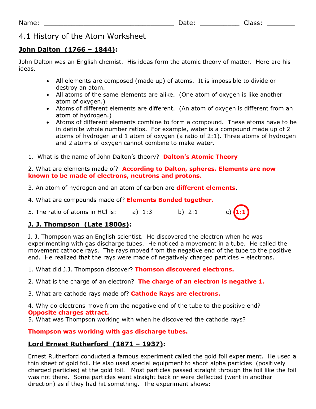 History of the Atom Worksheet