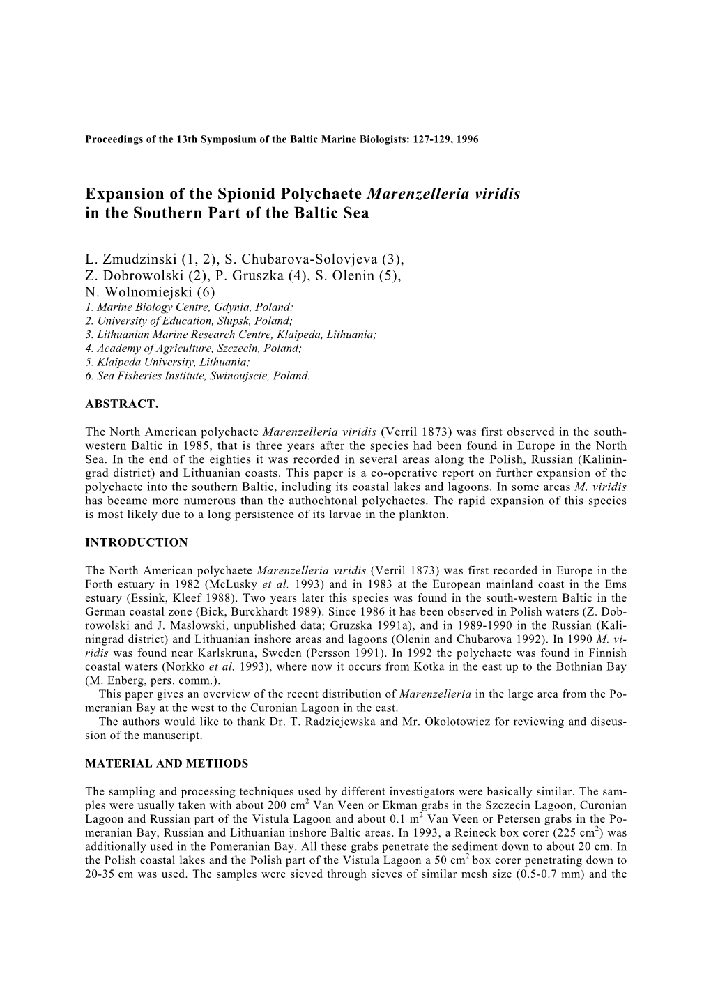 Expansion of the Spionid Polychaete Marenzelleria Viridis in the Southern Part of the Baltic Sea