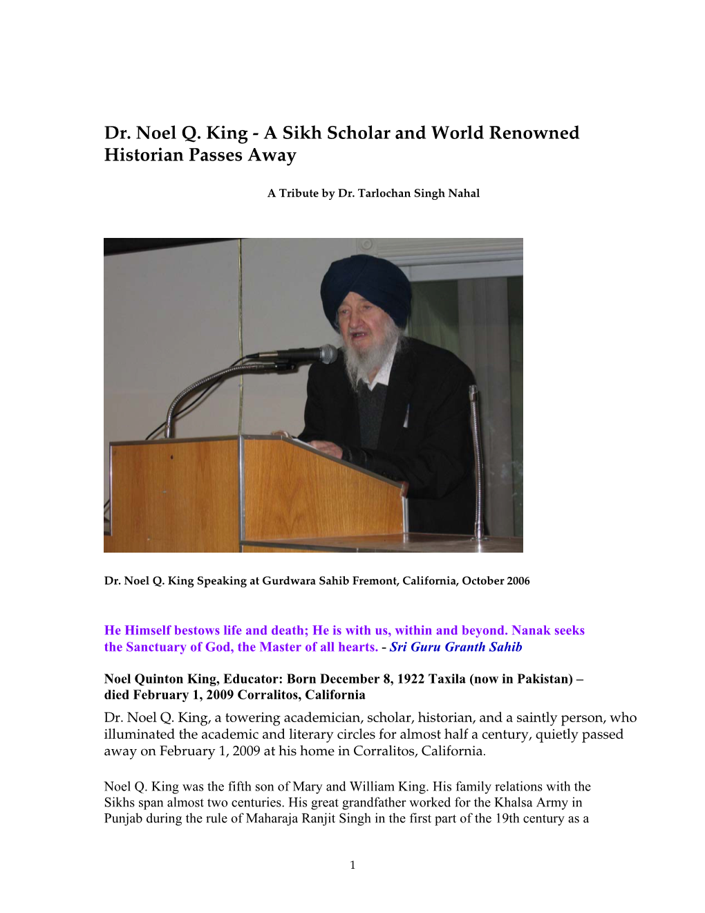 Dr. Noel Q. King - a Sikh Scholar and World Renowned Historian Passes Away